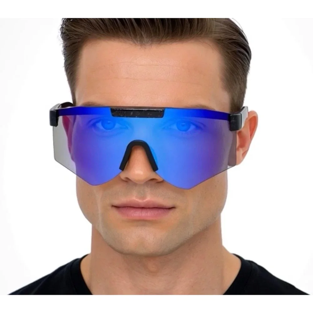 Shield Sunglasses Blue Mirrored Lens Sport Rimless Oversized Beach Fishing Gafas
